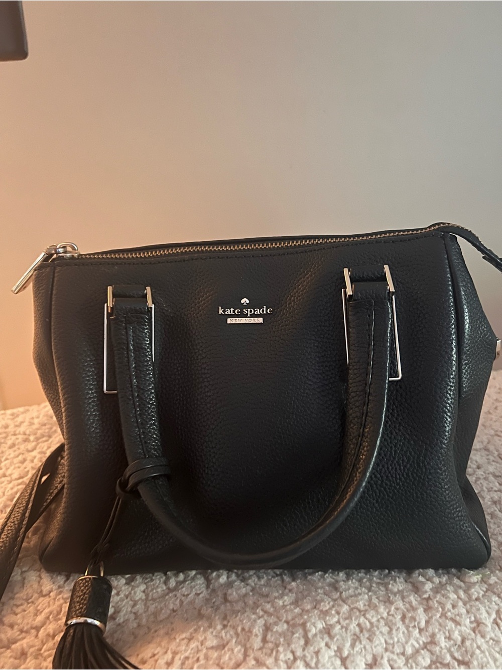 kate spade Black Pebbled Leather Satchel with Tassel